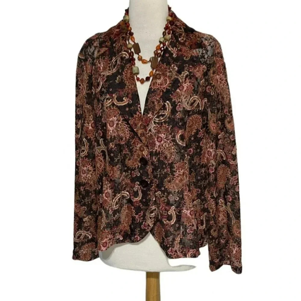 Cleveland NY Street 2X brown red and tan sheer paisley print stretch blazer NEW